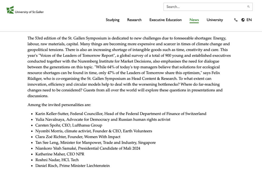 University of St. Gallen reporting on St. Gallen Symposium University of St. Gallen reporting on St. Gallen Symposium